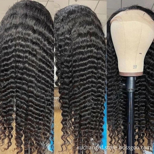 Natural Black Color Cuticle Aligned Unprocessed Virgin Human Hair Deep Wave Lace Frontal Wig